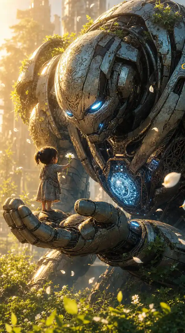 Child offering a white flower to a gentle guardian mech