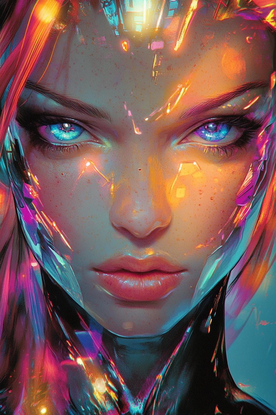Futuristic femme fatale with an ethereal fantasy aura