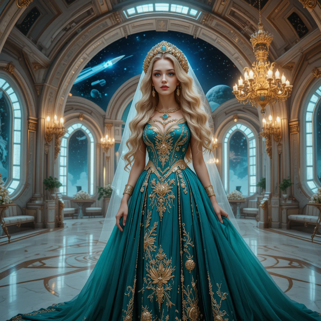 Sposa slava futuristica con abito smeraldo su un'astronave