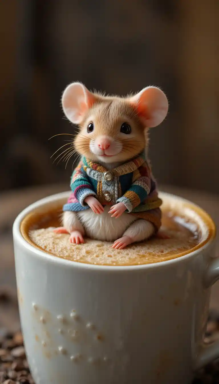 Rato fofo relaxando sobre café espumoso em uma caneca aconchegante