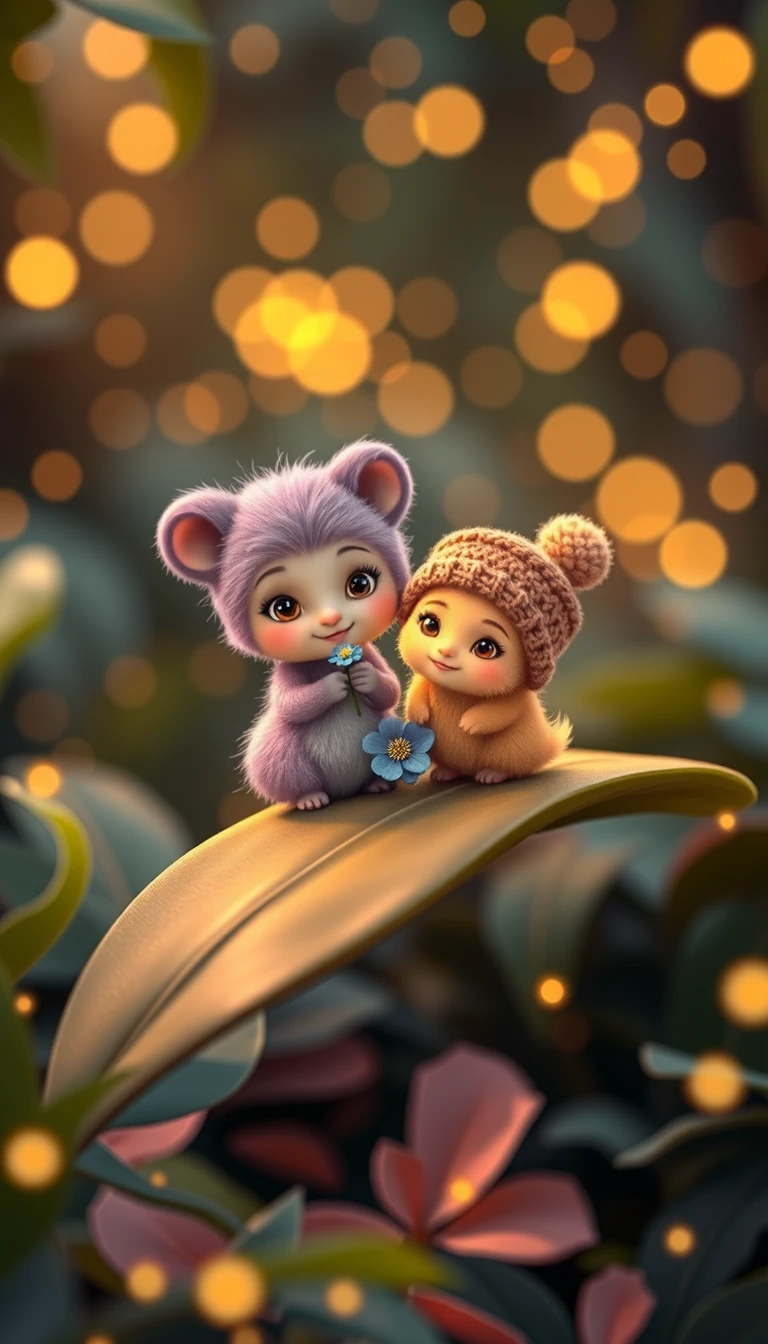 Tiny forest creatures sharing a tender magical moment