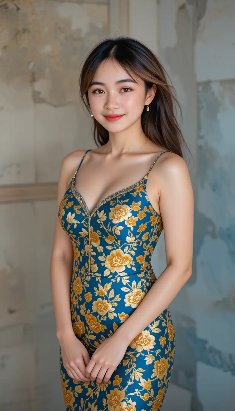 Confident woman in elegant chinese gown studio portrait