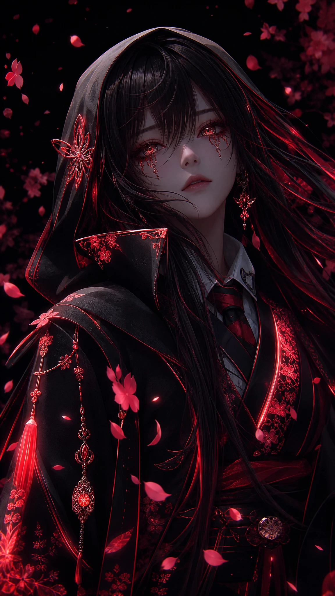 Portrait de fille d’anime sombre en kimono noir et rouge lumineux