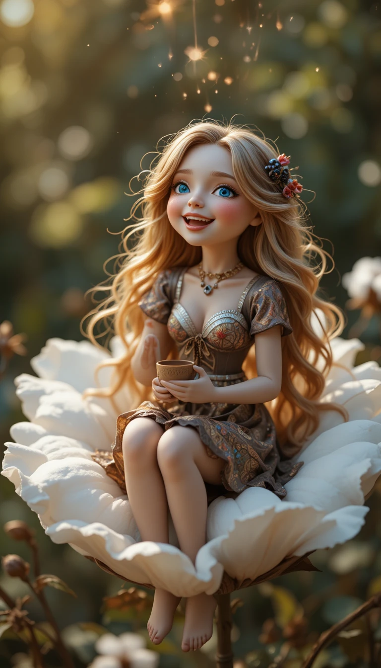 Laughing girl on a cotton flower with coffee in sunlight