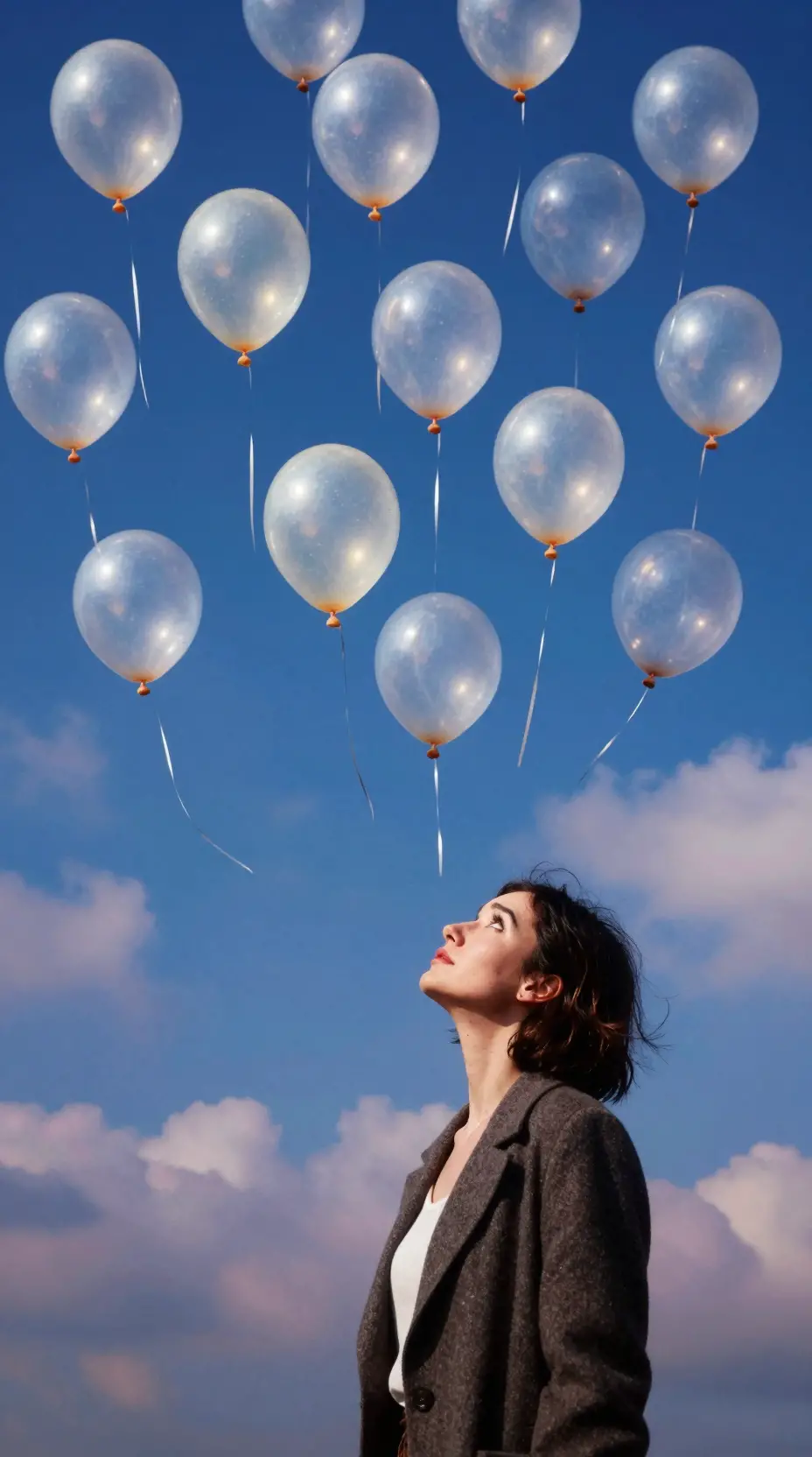 Donna fantasiosa sotto un cielo surreale di palloncini luminosi