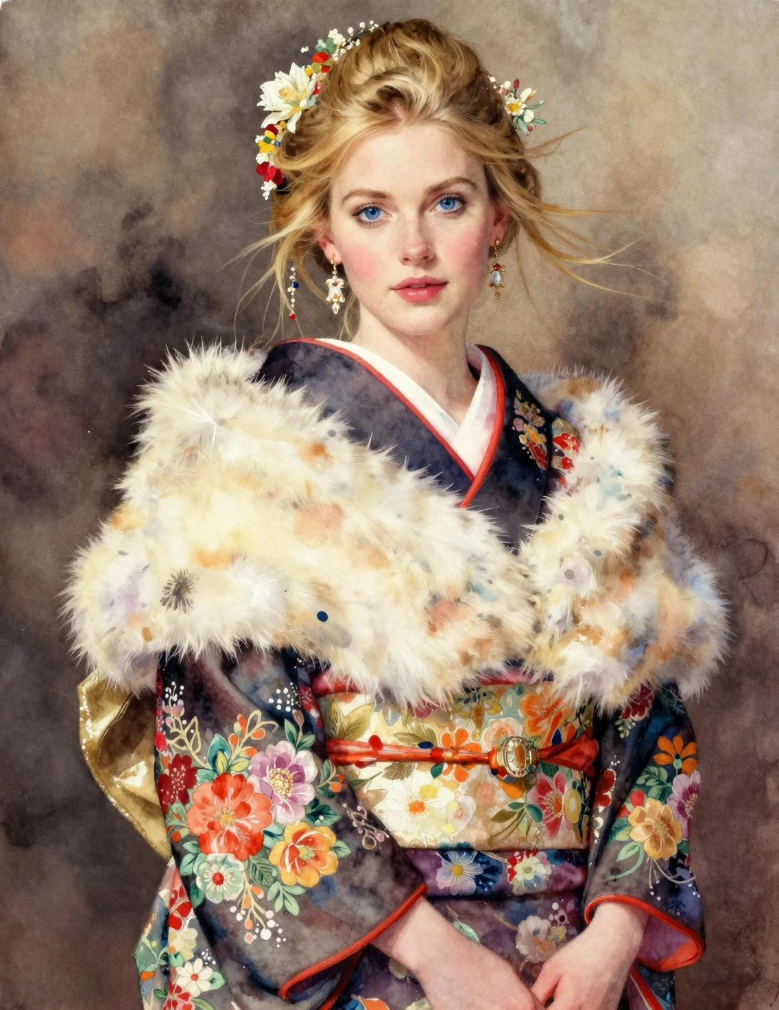 Elegant woman in floral furisode watercolor portrait