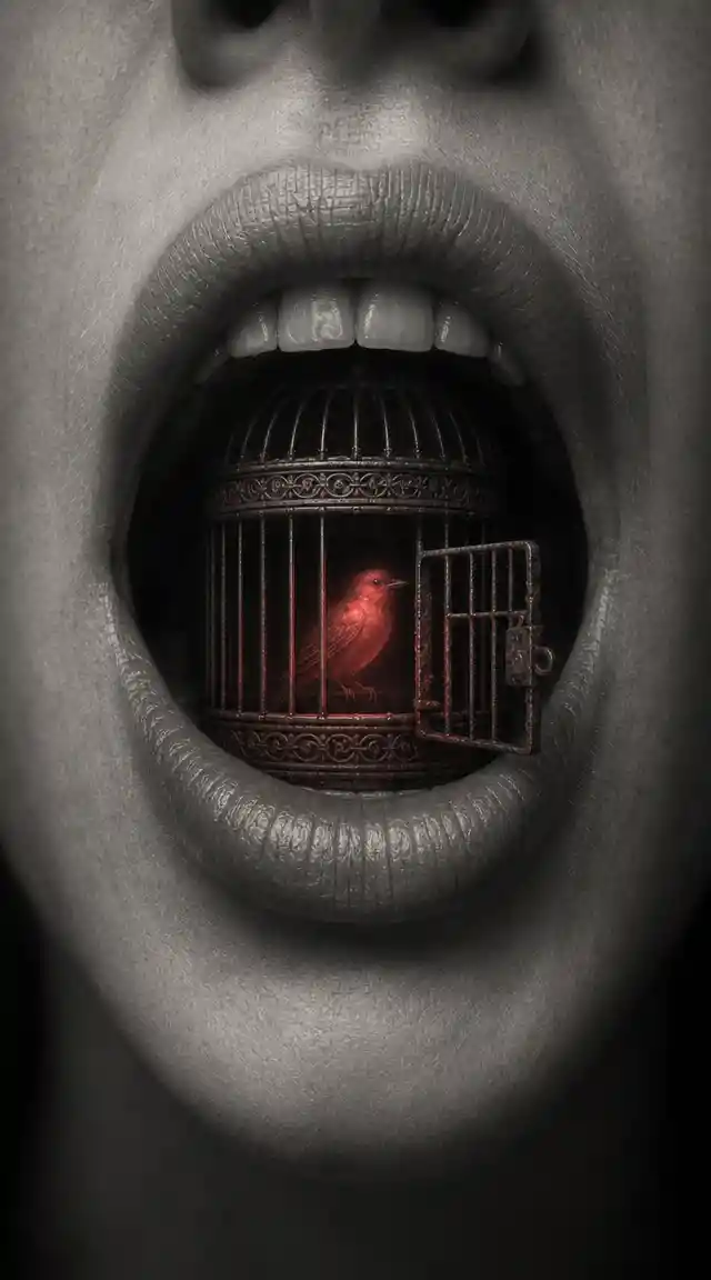 Surreal close up mouth with tiny glowing caged bird