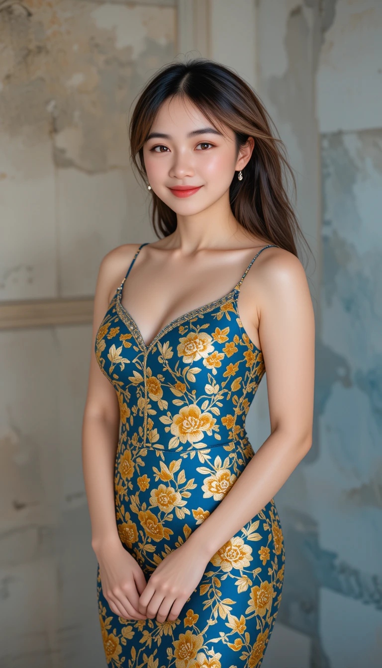 Selbstbewusste Frau im eleganten chinesischen Kleid im Studio-Porträt