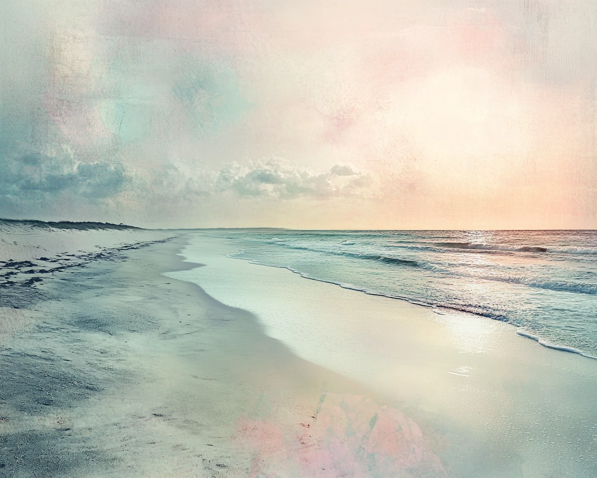 Surreal serene beachside landscape in pastel metallic tones