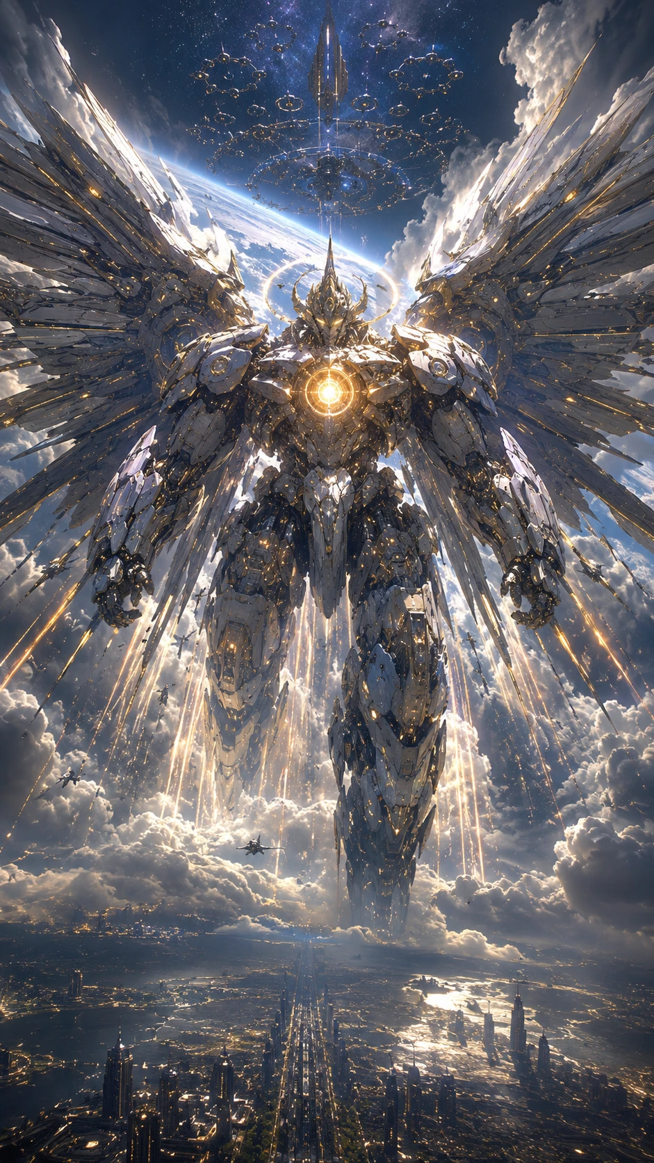 Colossal celestial mecha descending from low orbit toward Earth