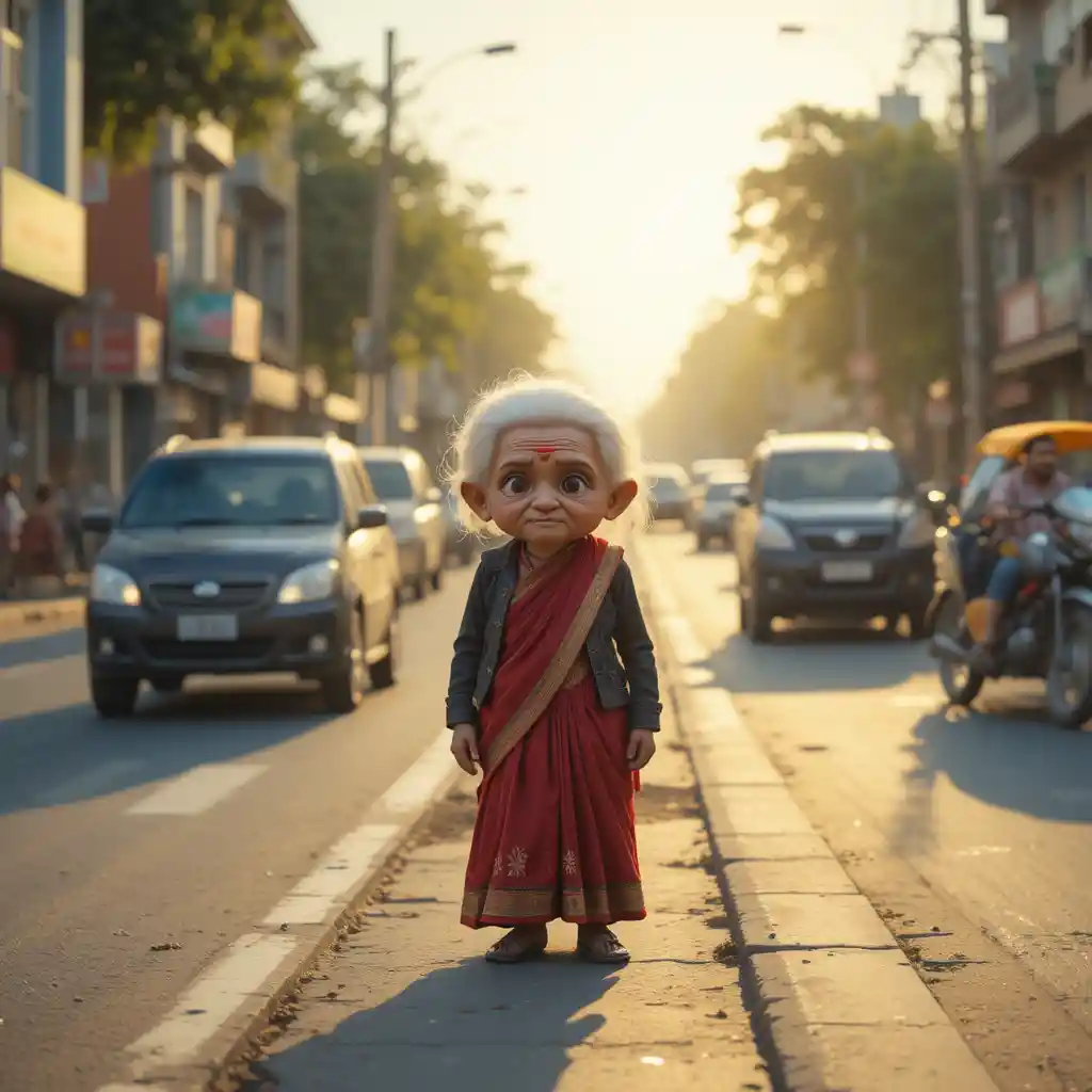 Elderly woman waiting by busy evening city road