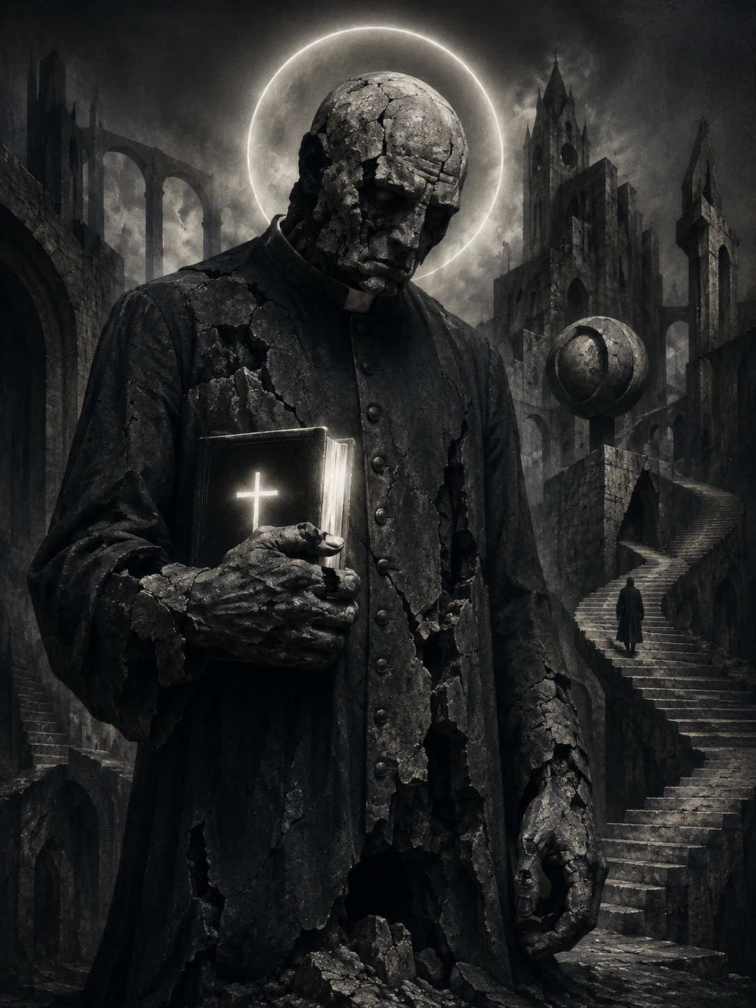 Broken stone golem priest with halo in gray environment