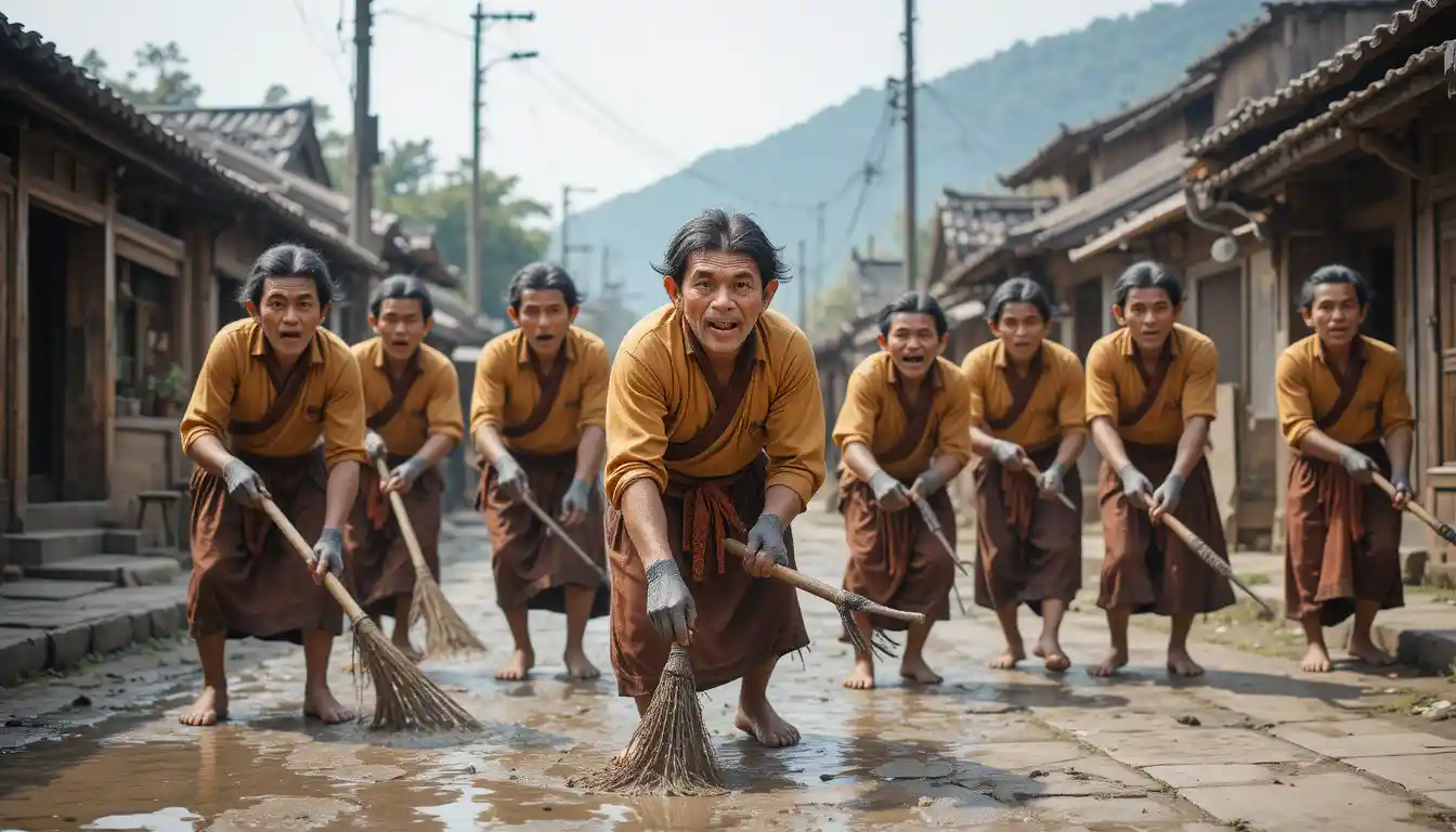 Villagers Playfully Mimic Street Cleaning With Exaggerated Faces