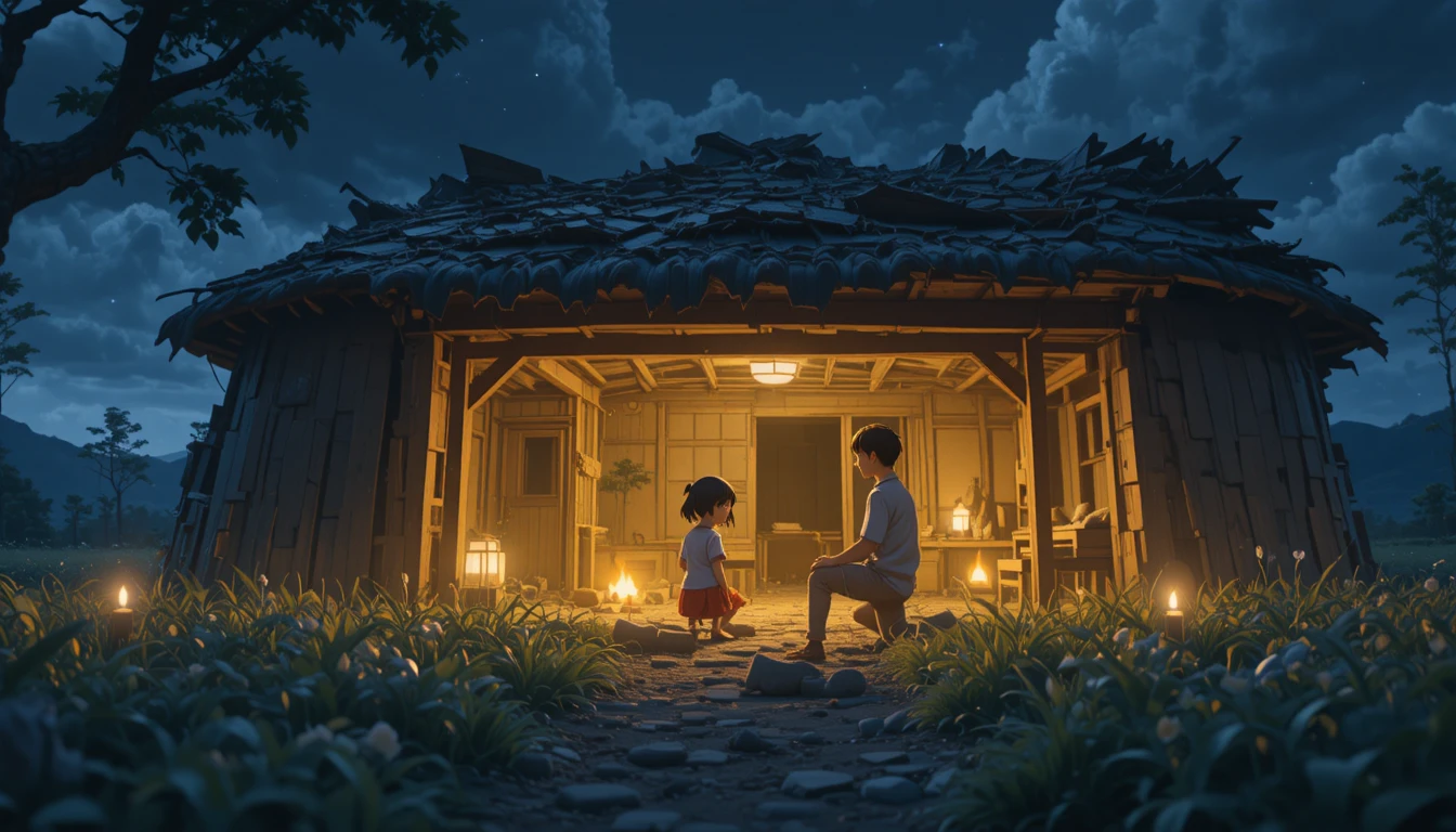 Young boy and little sister in rural bunker with fireflies