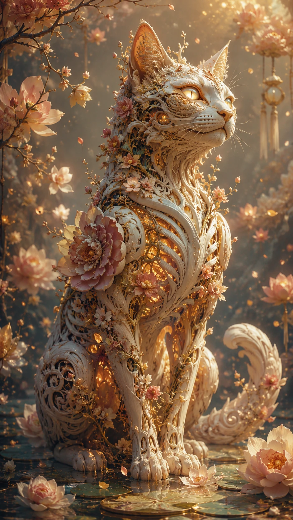 Fantasy cat guardian glowing in a dreamlike flower garden