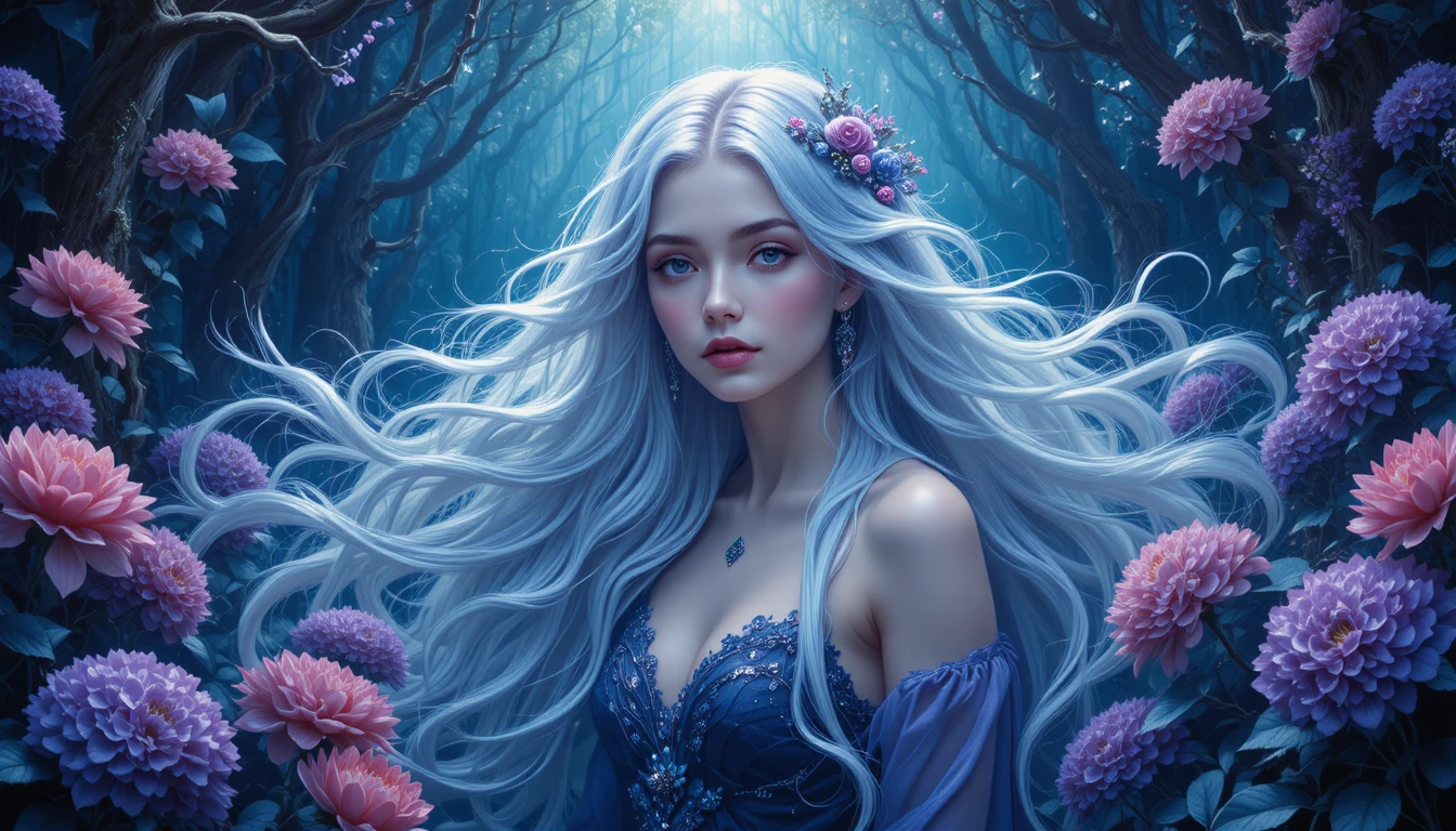Silver haired goddess in flowers in an enchanted forest