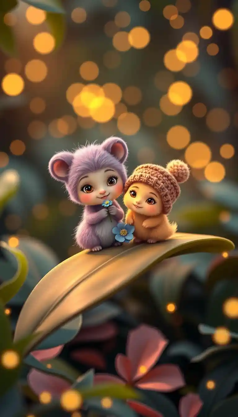 Tiny forest creatures sharing a tender magical moment