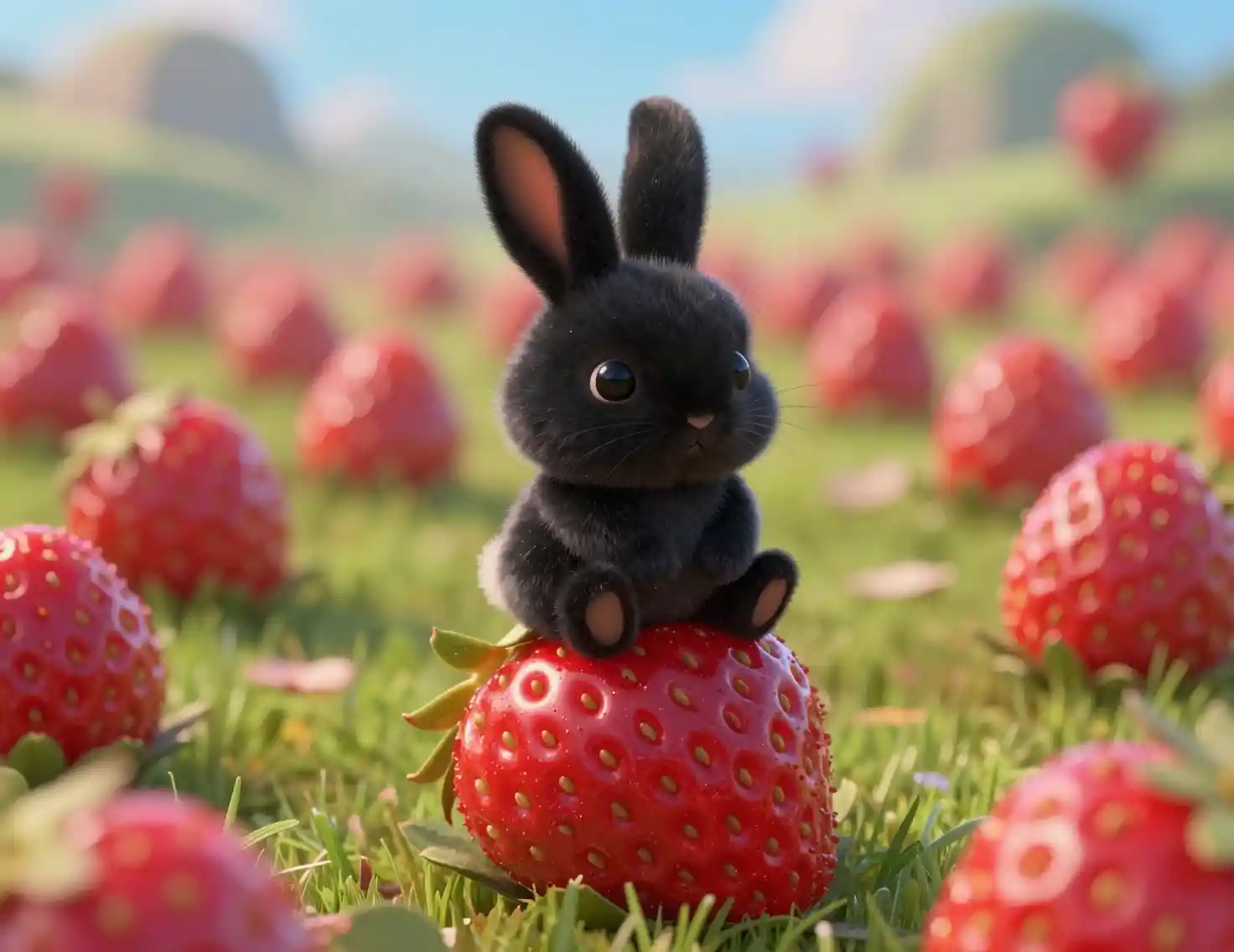 Tiny black rabbit perched on a single red strawberry