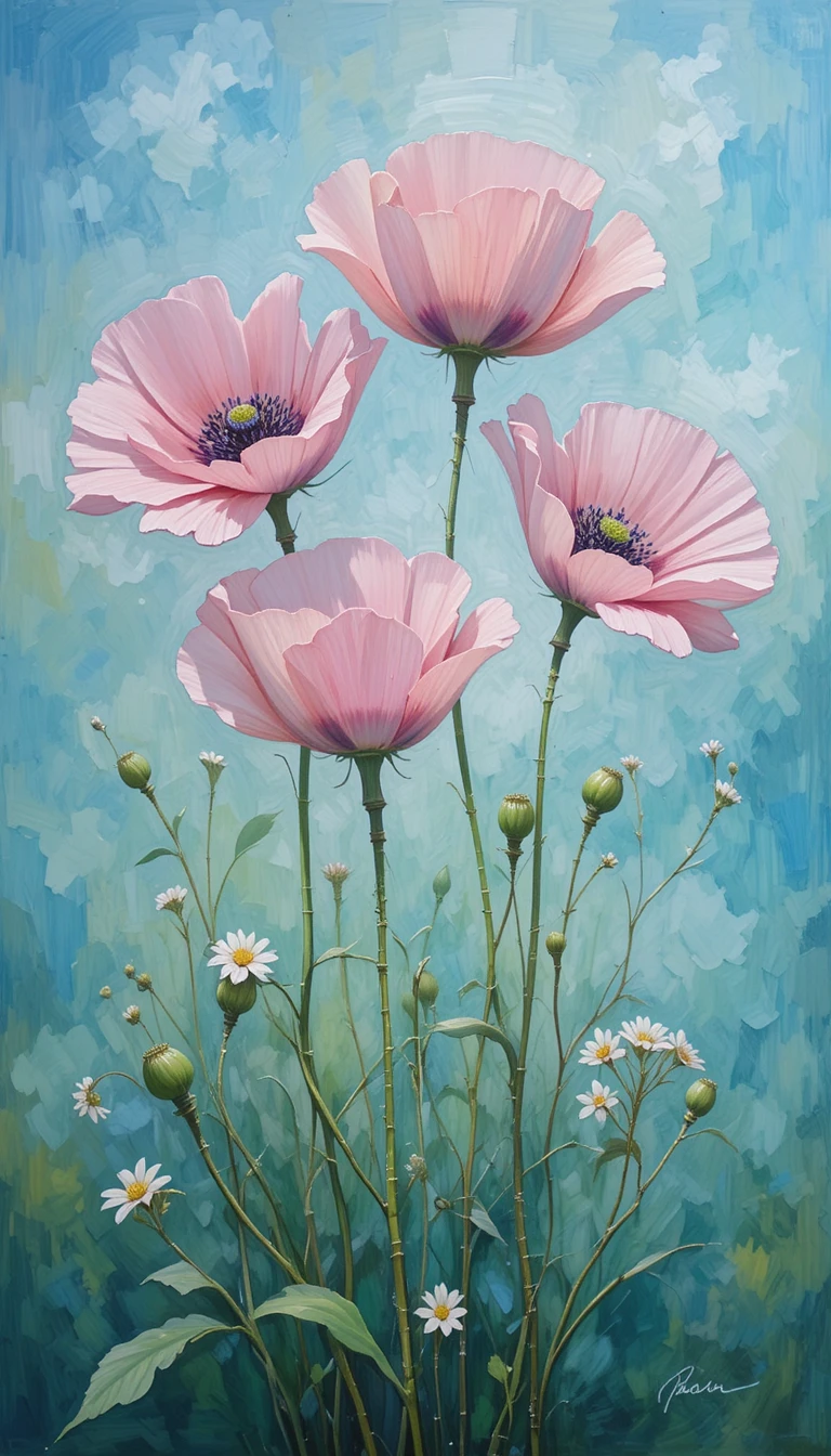 Soft pastel pink poppies against dreamy blue green background