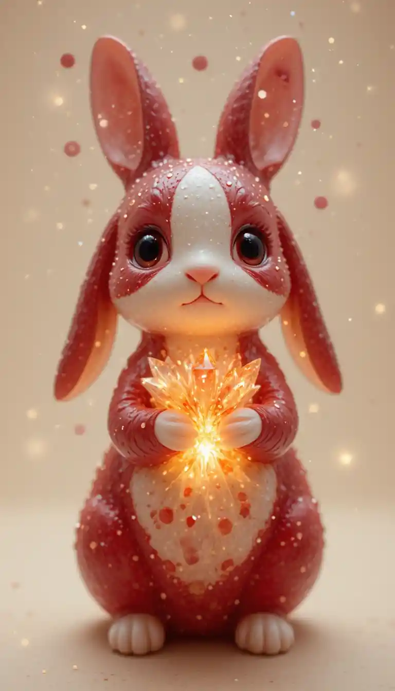 Cute crystal rabbit figurine glowing softly on beige background