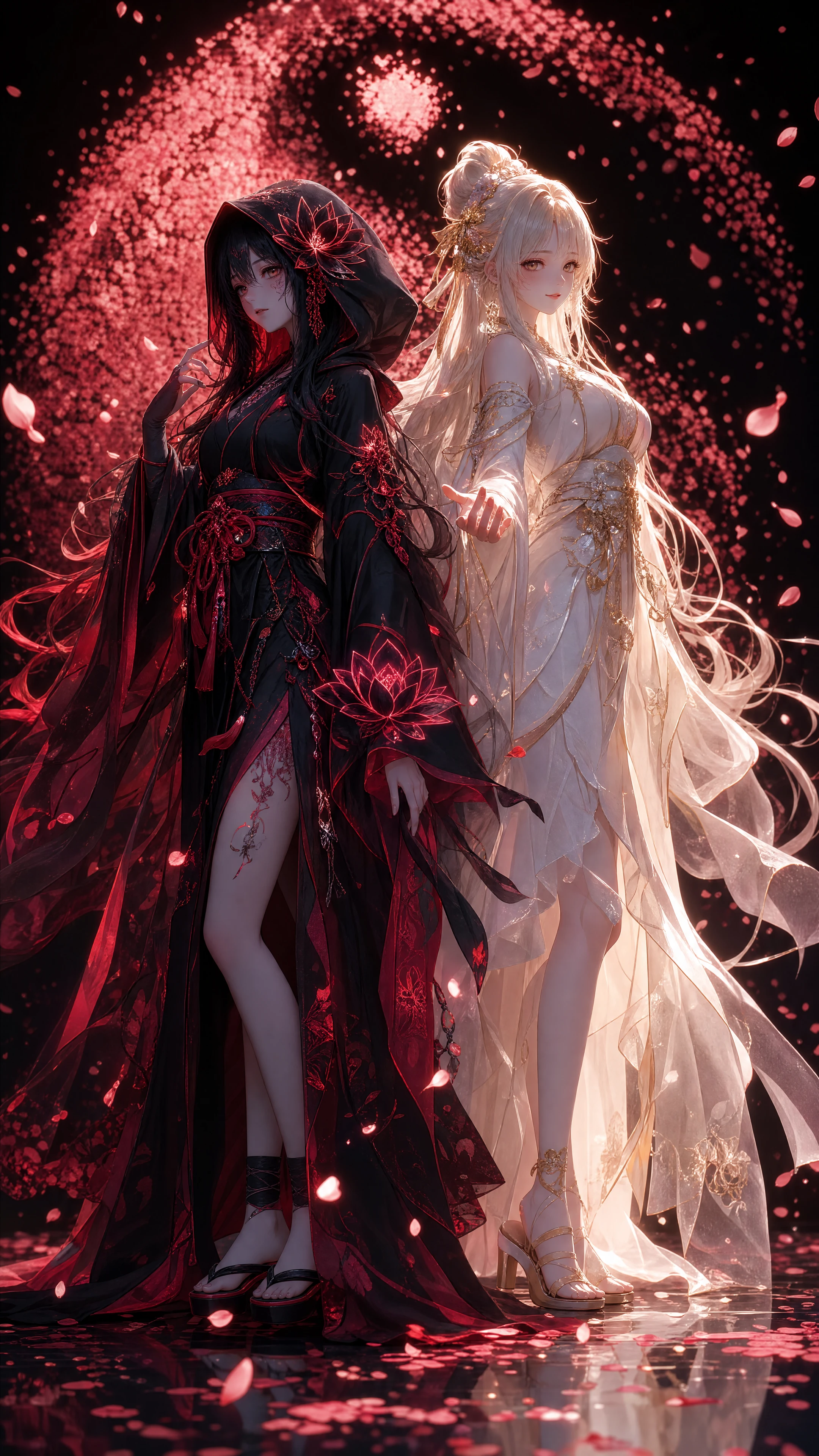 Eighteen year old anime girl in glowing black and red robes