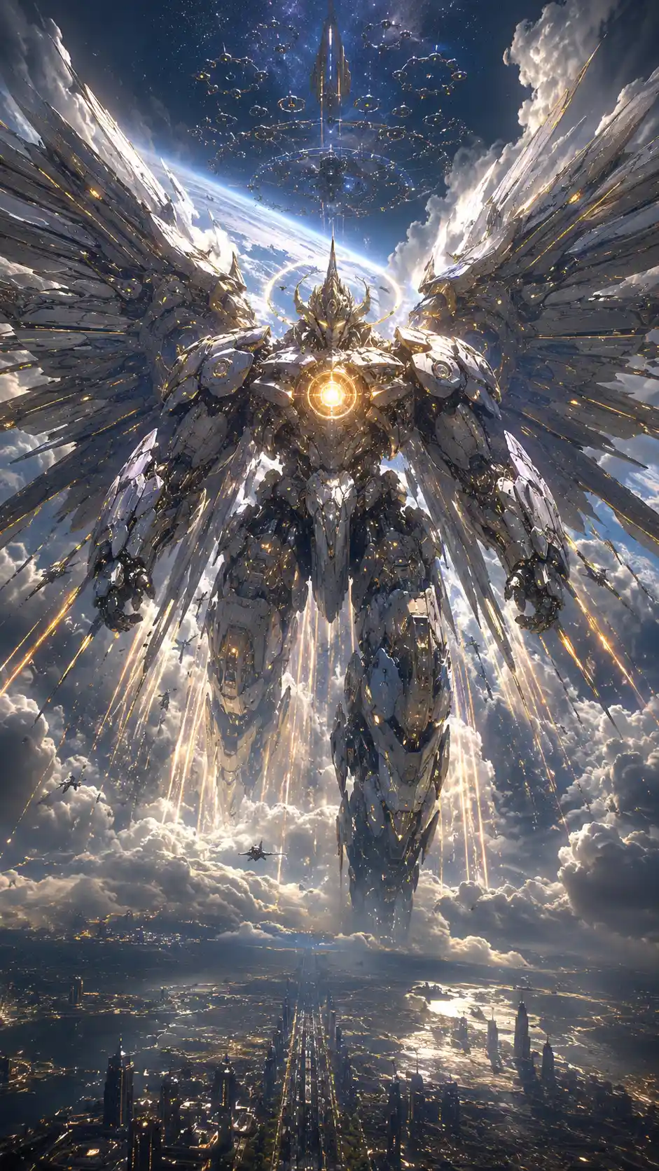 Colossal celestial mecha descending from low orbit toward Earth