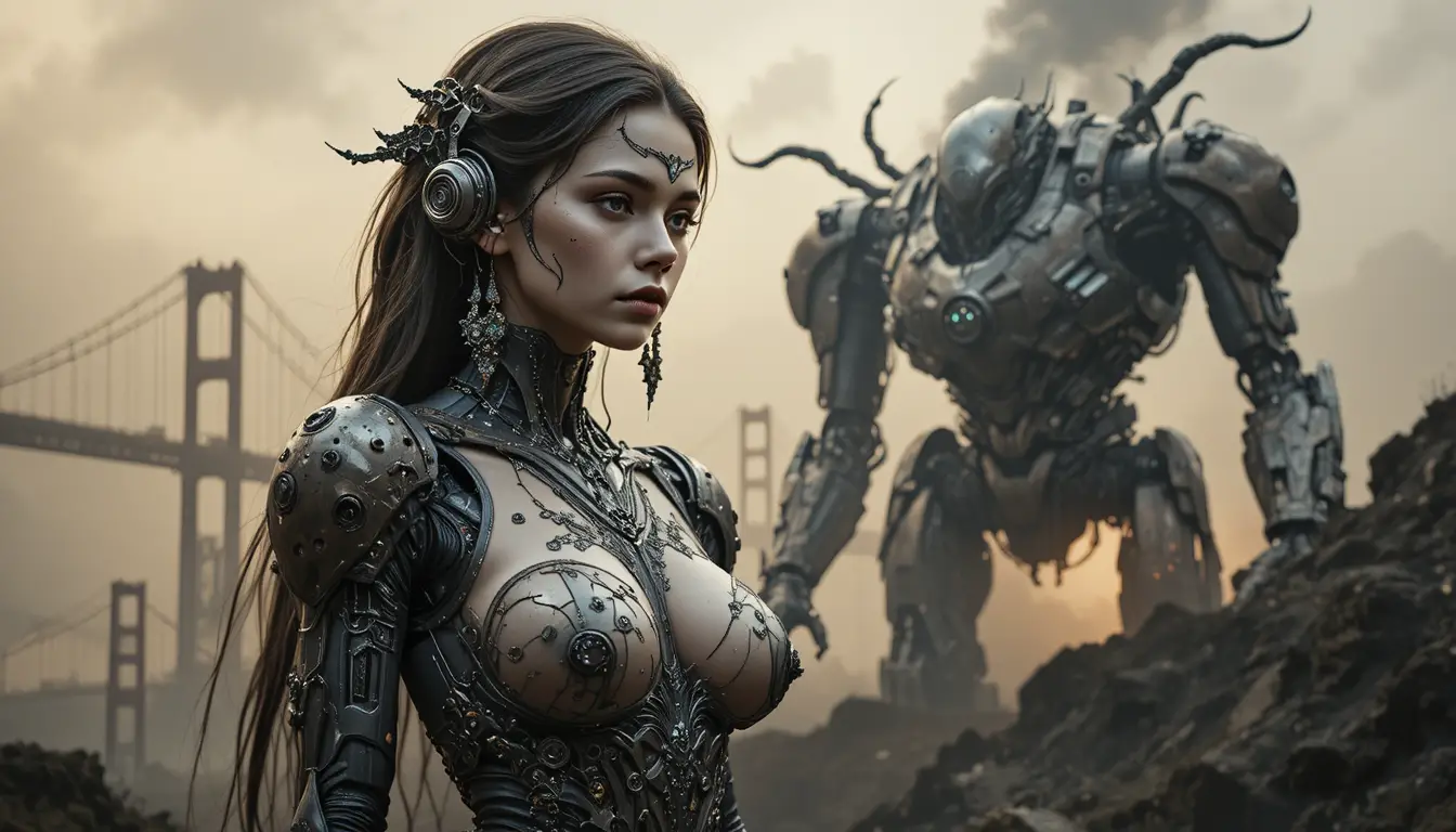 Mujer cyborg y mecha gigante en ciudad en llamas