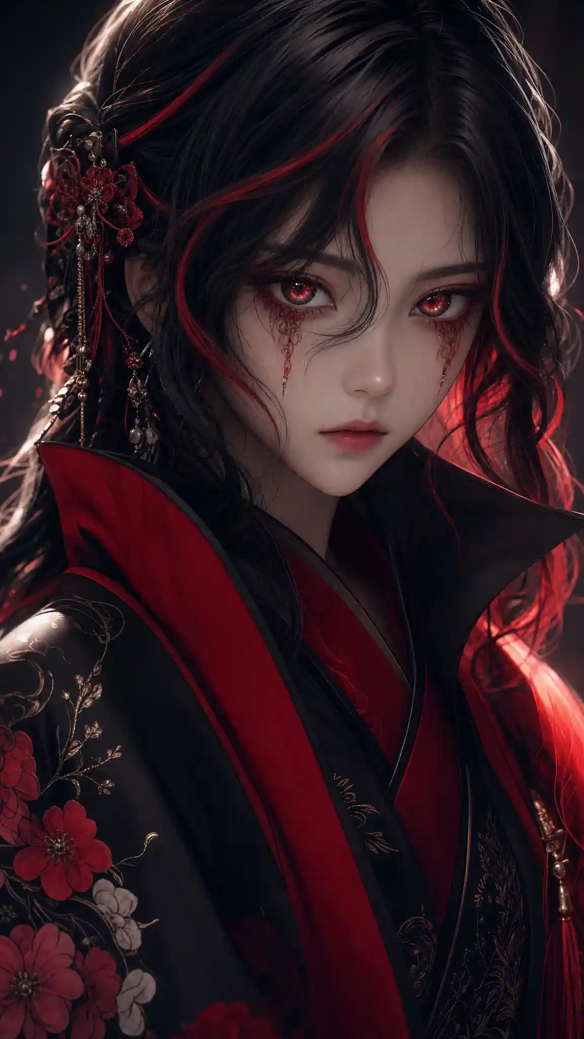 Somber anime girl with red and black eyes in 3D style