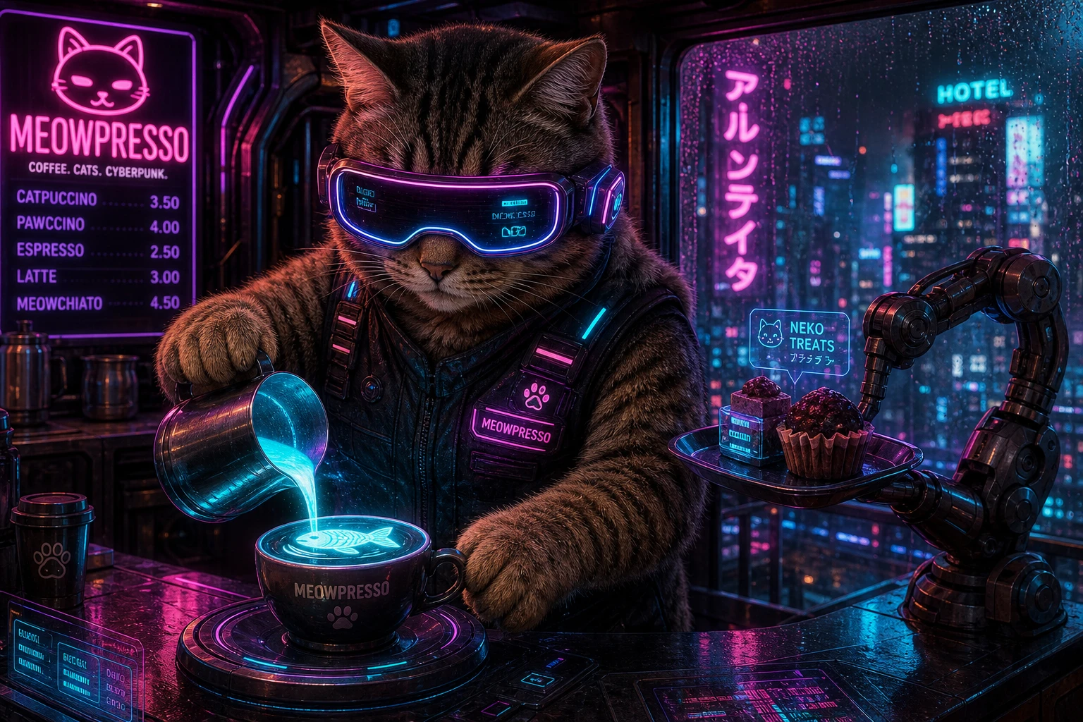 Cyberpunk tabby cat barista pouring holographic latte art