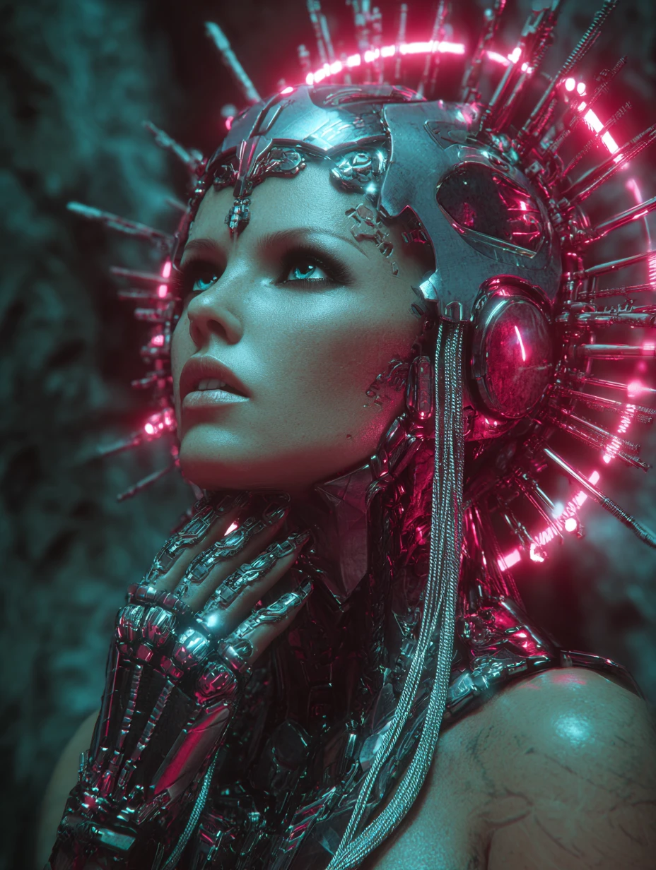 Cyberpunk sci fi woman glowing in neon fantasy city