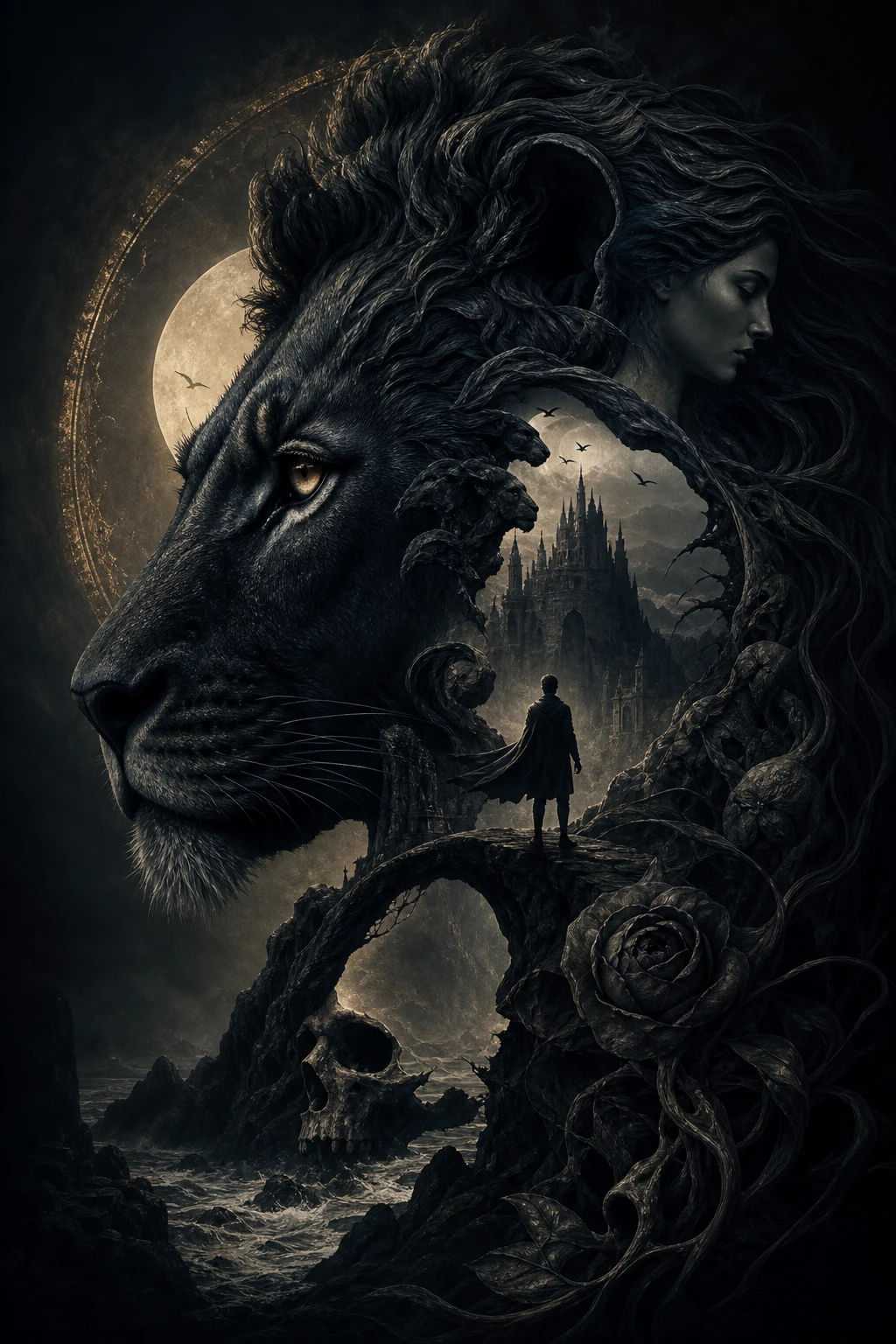 Surreal black lion illusion with layered hidden imagery