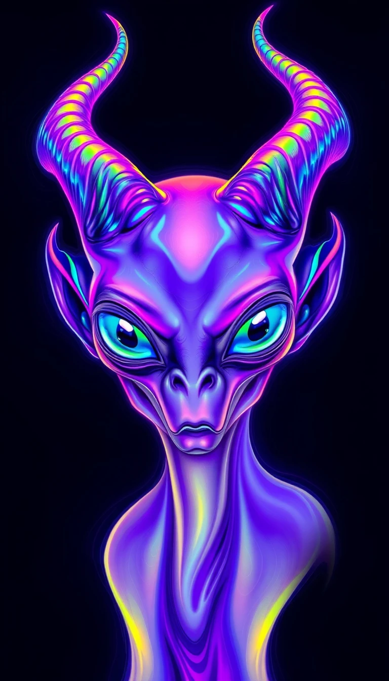 Surreal portrait of a mystical purple alien with rainbow horns