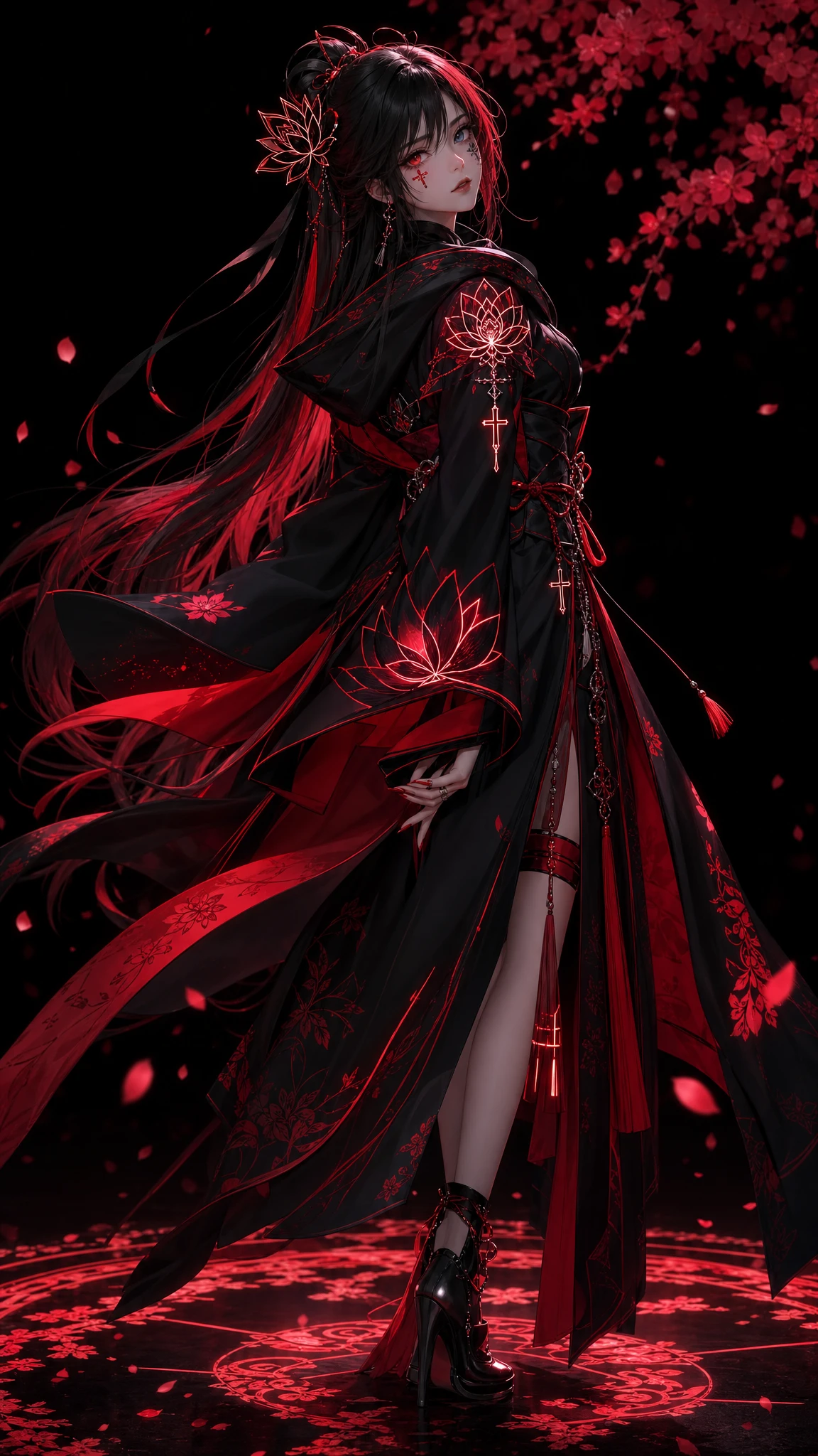 Melancholic 3D anime girl with glowing red accents