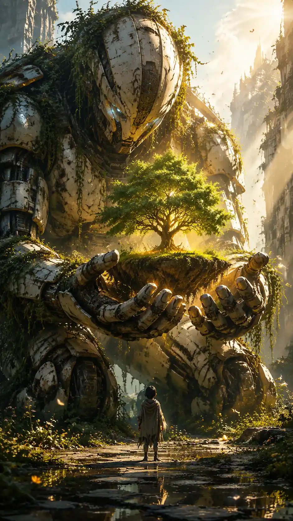 Ancient guardian mecha cradling the last living tree