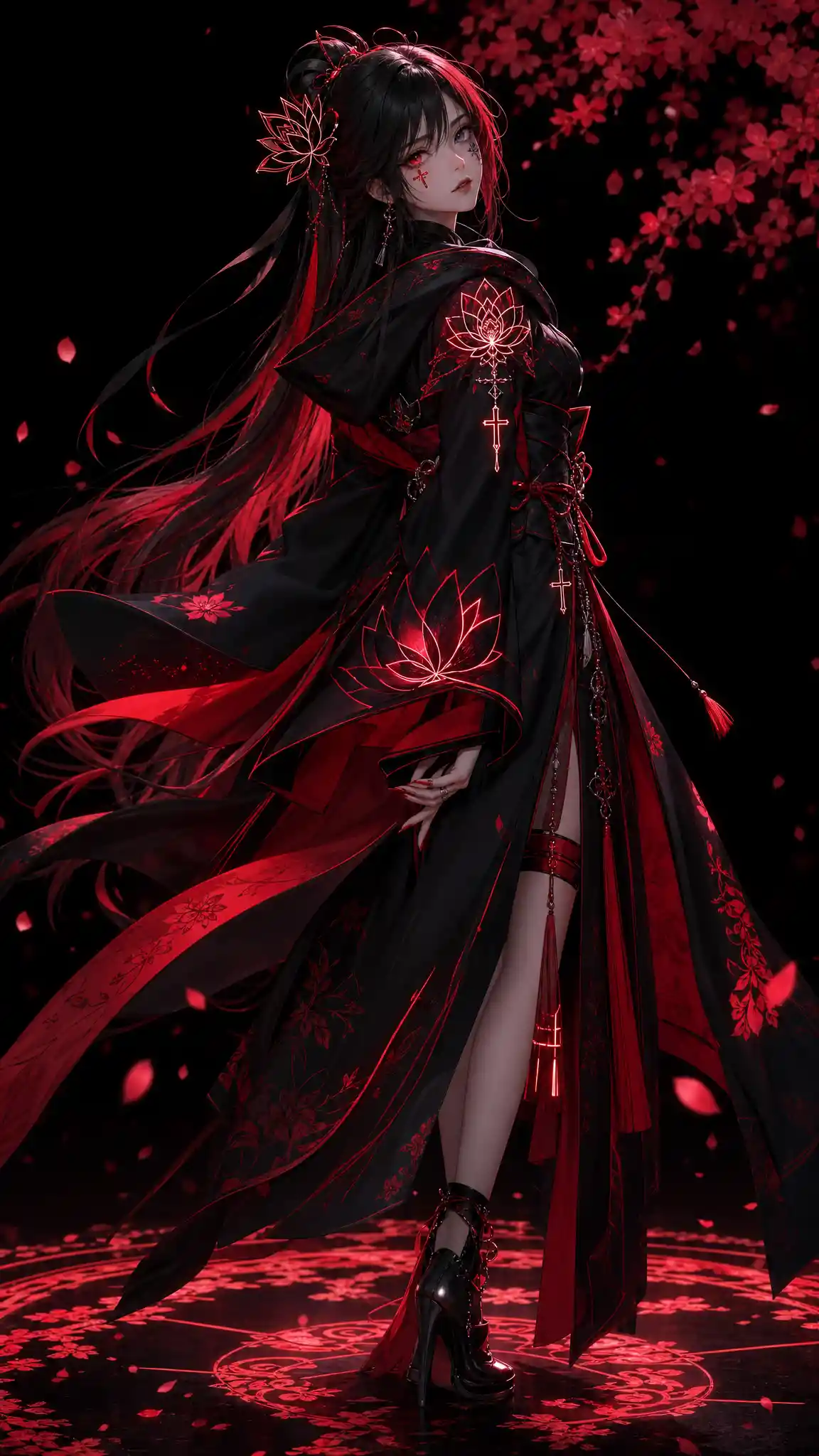 Melancholic 3D anime girl with glowing red accents
