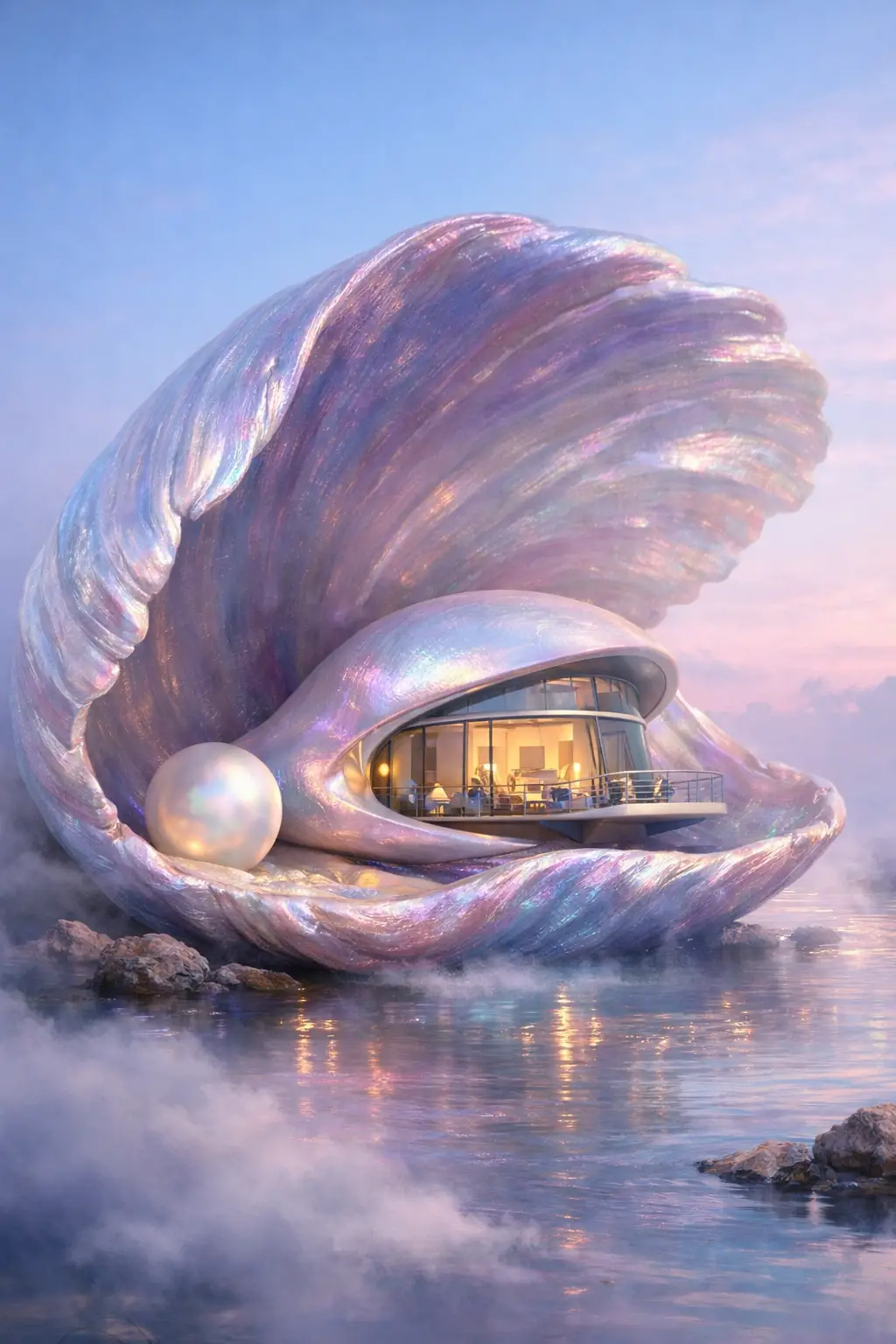 Surreal seashell home cradling a glowing modern building