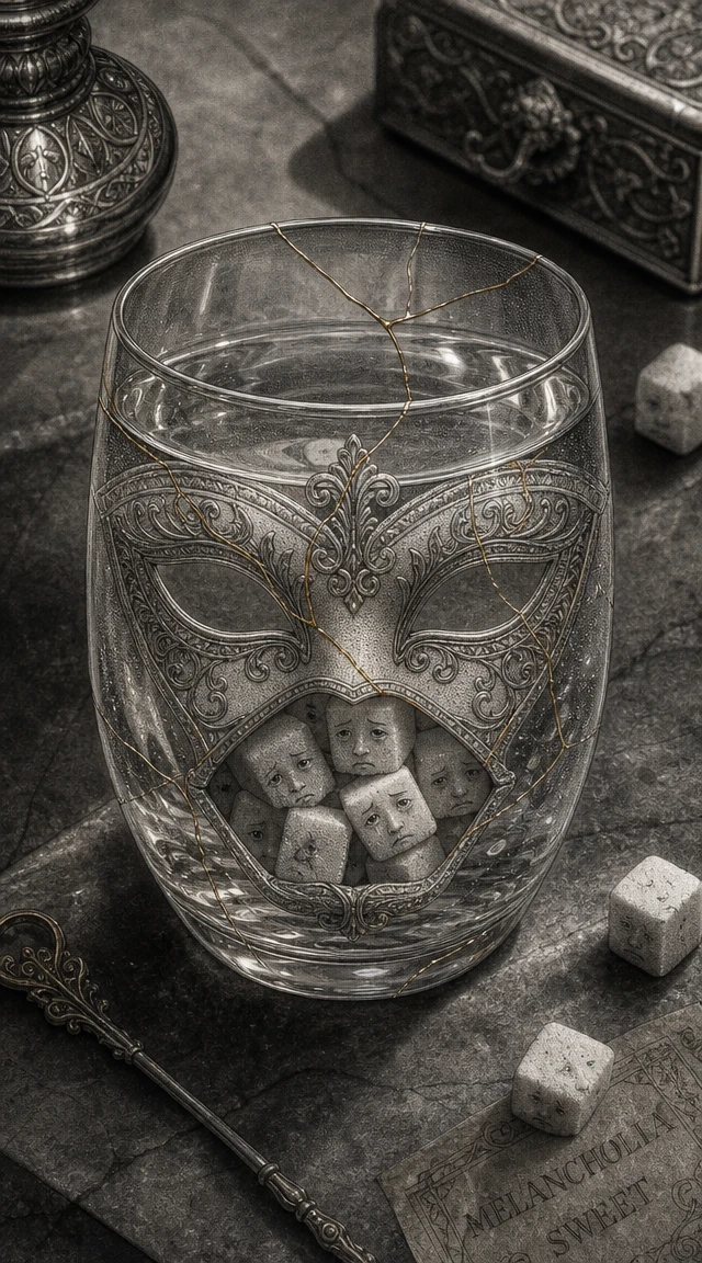 Surreal glass mask filled with sugar cubes and clear liquid