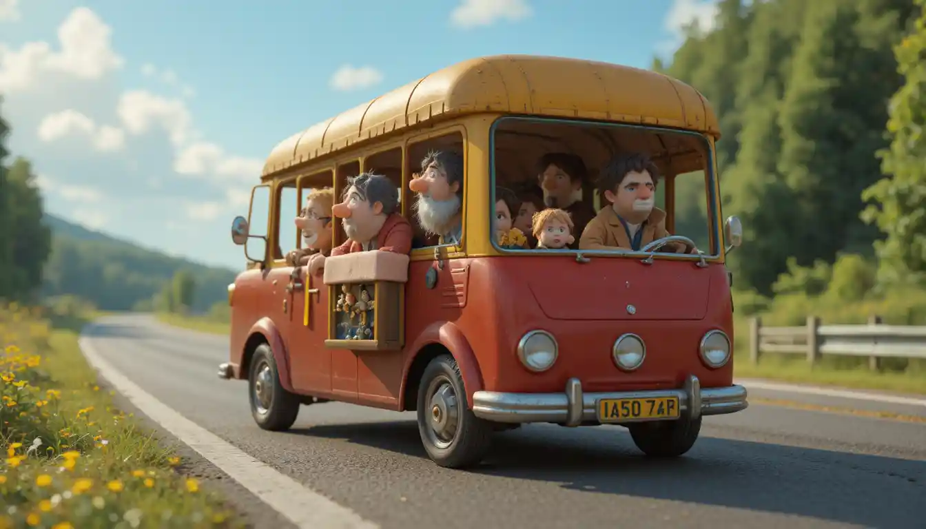 Whimsical summer car trip on a busy national highway