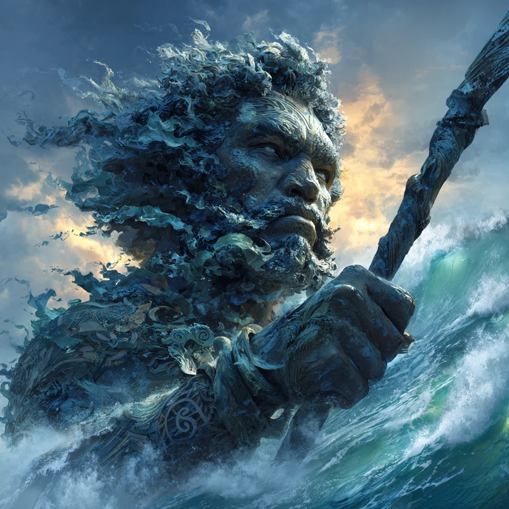 Retrato de un dios del mar emergiendo de olas oceánicas tormentosas