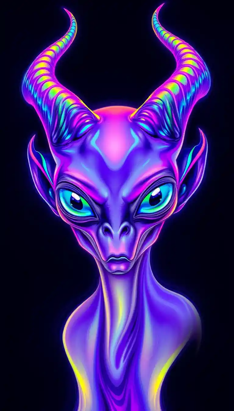 Surreales Porträt eines mystischen lilafarbenen Aliens mit Regenbogenhörnern