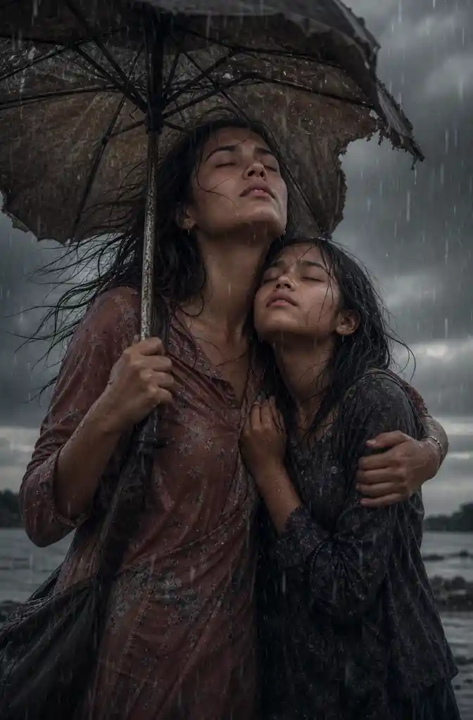 Mother and daughter sharing an umbrella in heavy rain