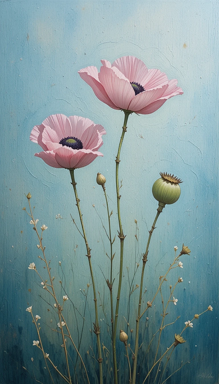 Pastel pink poppies against a dreamy blue green background