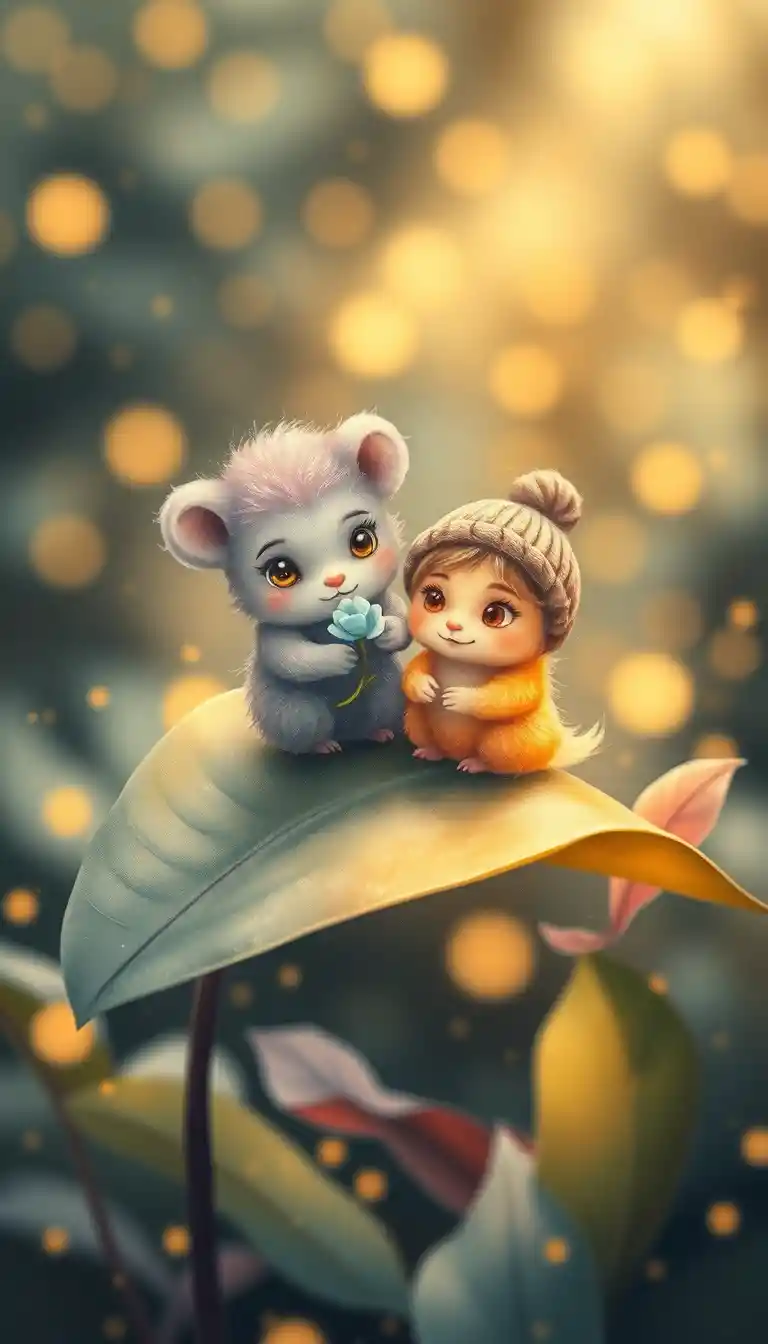 Tiny fluffy creatures on a leaf in a glowing forest