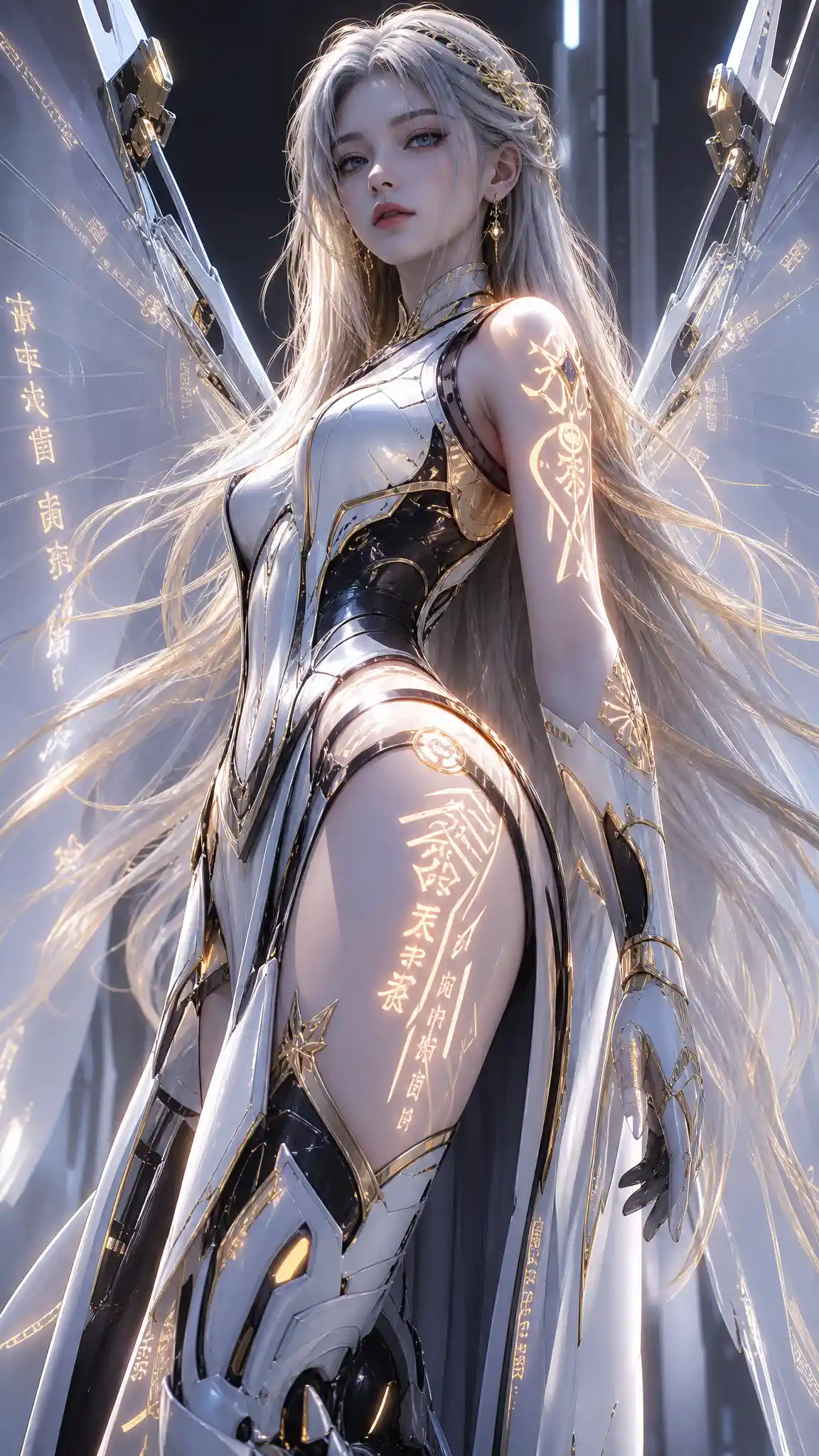 Cyberpunk idol woman with silver hair and glowing runes