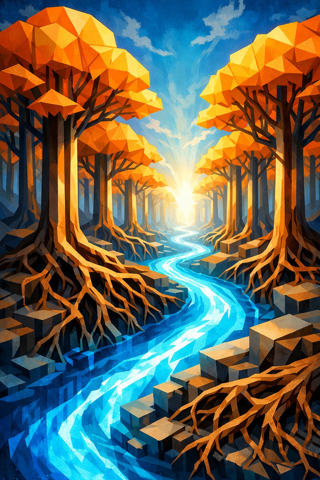 Surreal forest of geometric trees and glowing blue water