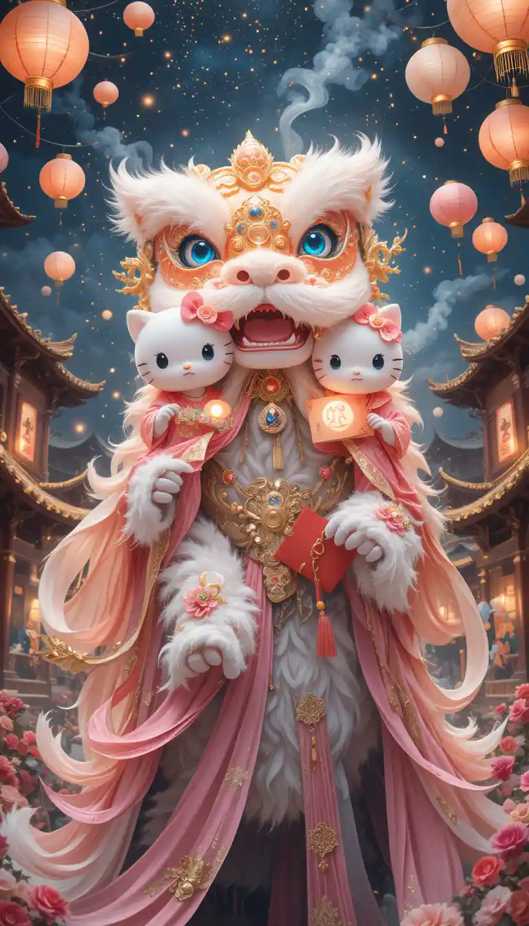 Cartoon cats riding a pink lion dance above a river