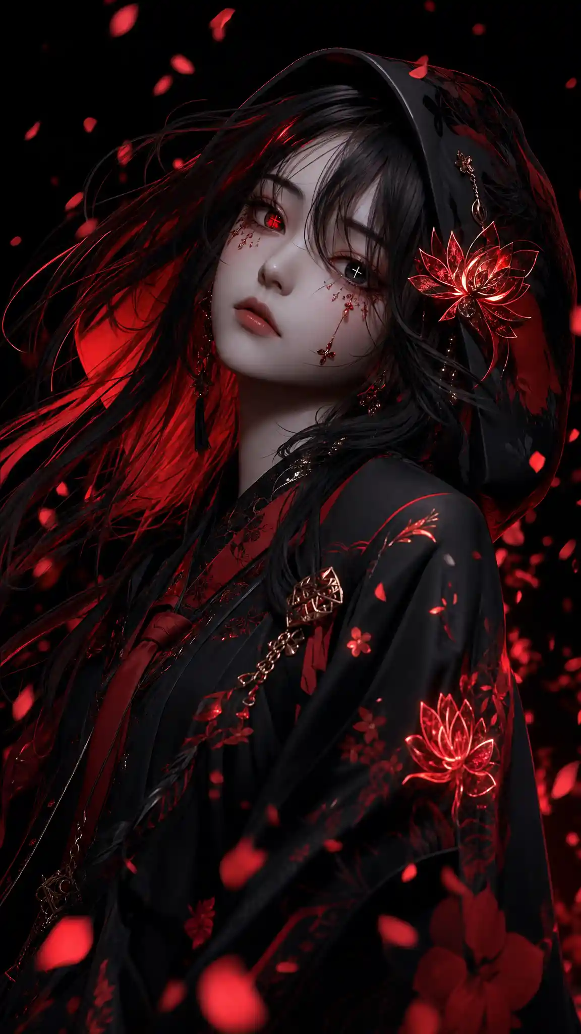 3D anime girl in dark kimono with glowing red accents