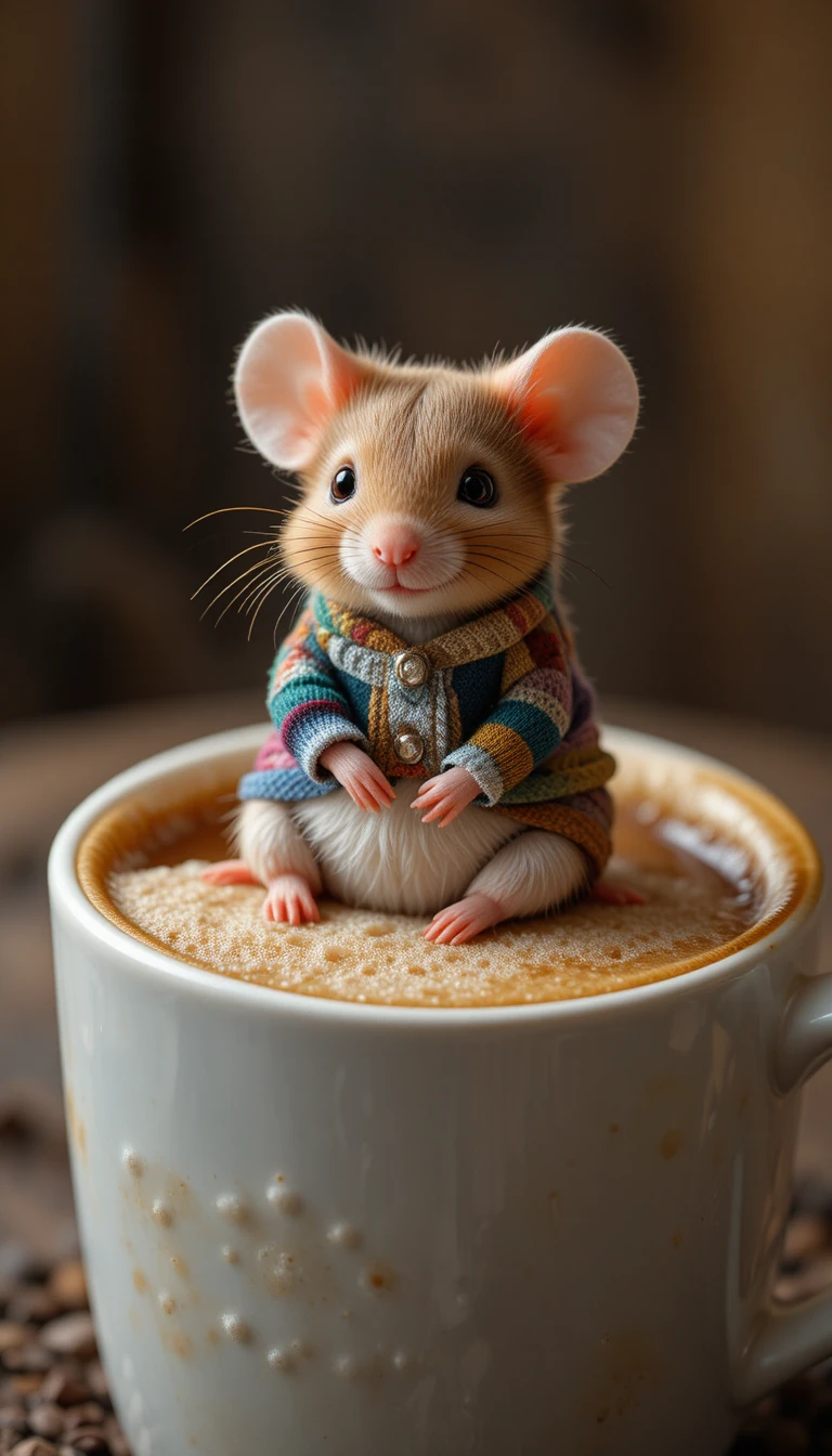 Cute mouse relaxing on foamy coffee in a cozy mug