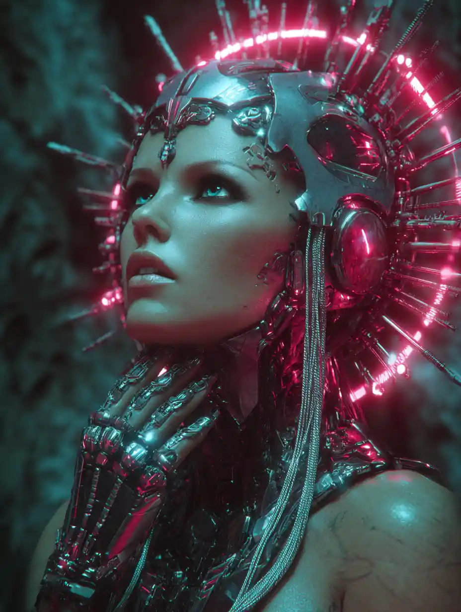 Cyberpunk sci fi woman glowing in neon fantasy city