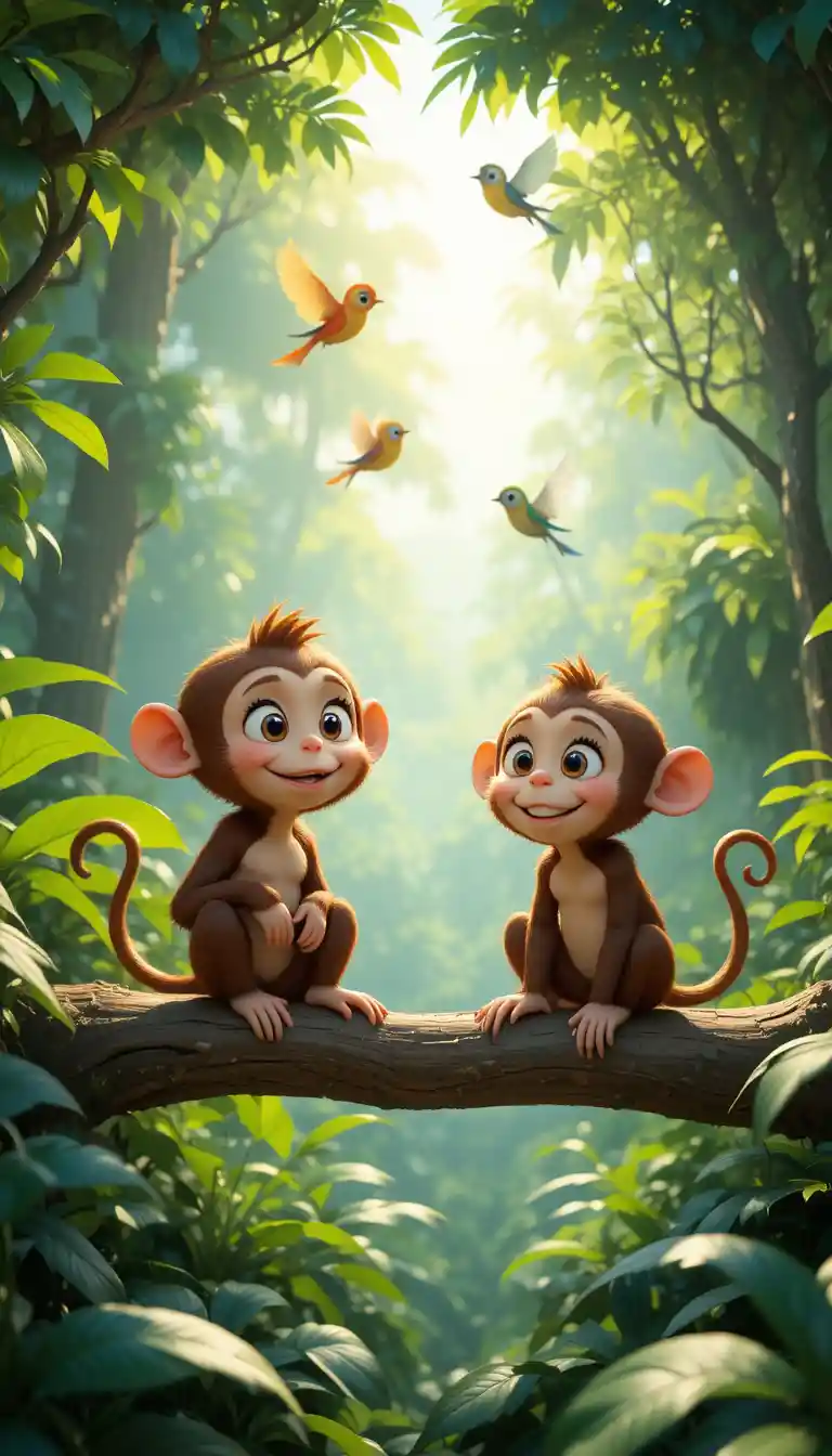 Playful Cartoon Monkeys On Jungle Tree Branches At Sunrise
